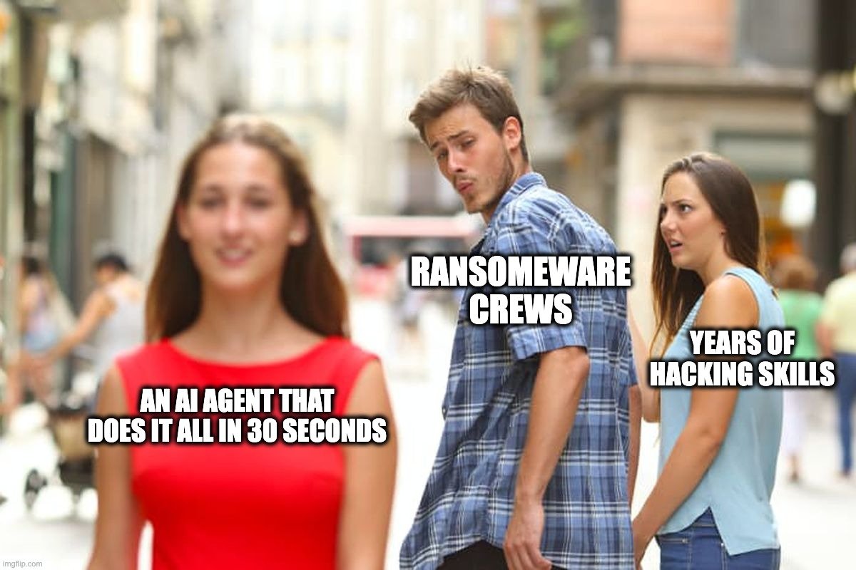 Distracted boyfriend meme: ransomware crews choosing an AI agent that does it all in 30 seconds over years of hacking skills