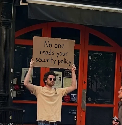 Meme: a man outside a storefront holding a cardboard sign that reads No one reads your security policy